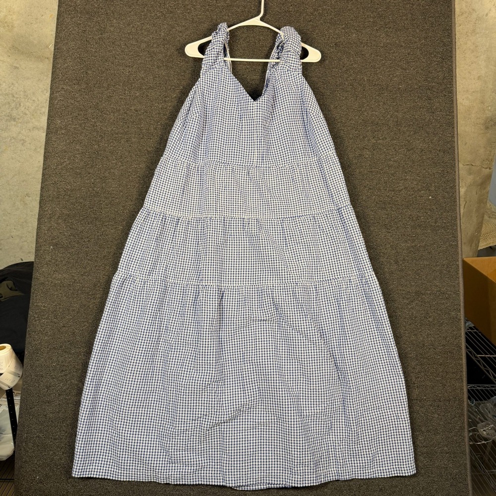 Old Navy Blue Gingham Tiered Maxi Dress Sleeveless V-Neck Ruffle Tie Back NEW